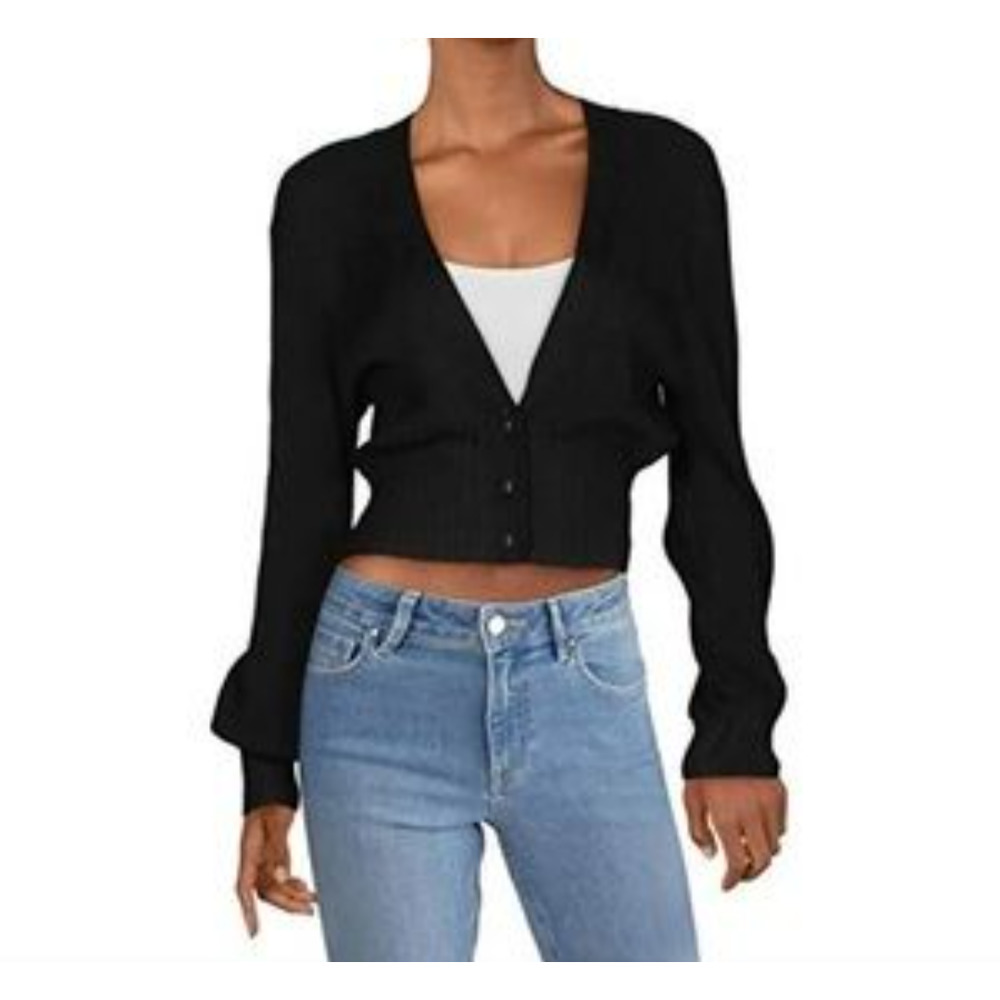 black ribbed deep V button up cardigan light NWT fashion work cropped INC XL